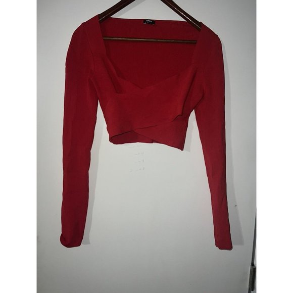 Express Body‎ Counter Women's Red Ribbed Criss Cross Long Sleeve Size Med - Picture 1 of 3